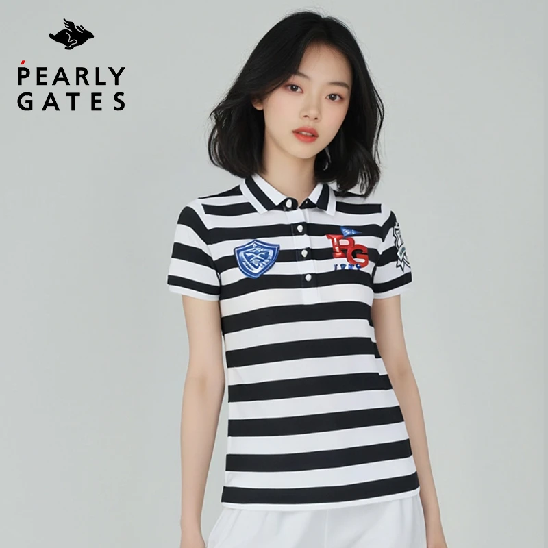 Pearly Gates高尔夫服装女士PG夏季短袖T恤条纹刺绣透气POLO衫M码