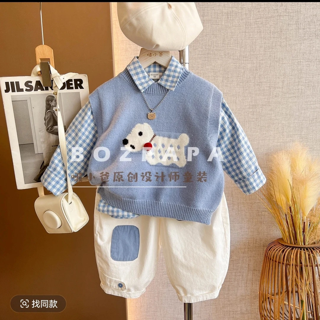 【糯糯蓝莓挞】男童马甲套装2025秋季新款时尚蓝色狗狗图案针织马甲