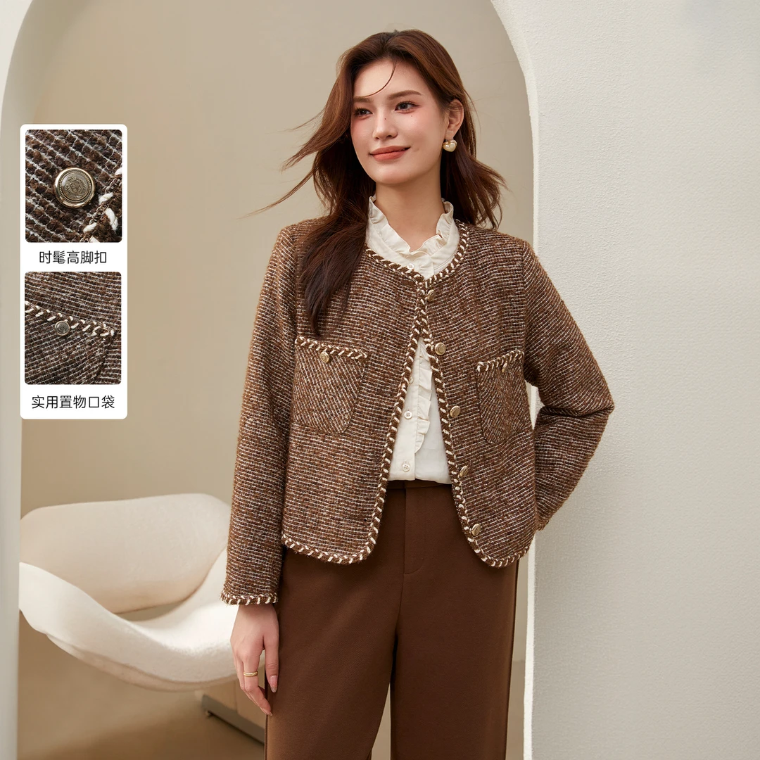 【轻奢金丝格外套】纤莉秀大码女装胖mm时髦优雅气质外套QJ3826