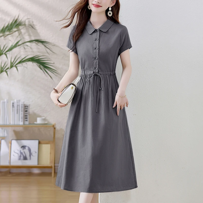 H高级棉麻连衣裙女中长款2025夏季新款气质纯色收腰显瘦裙子681