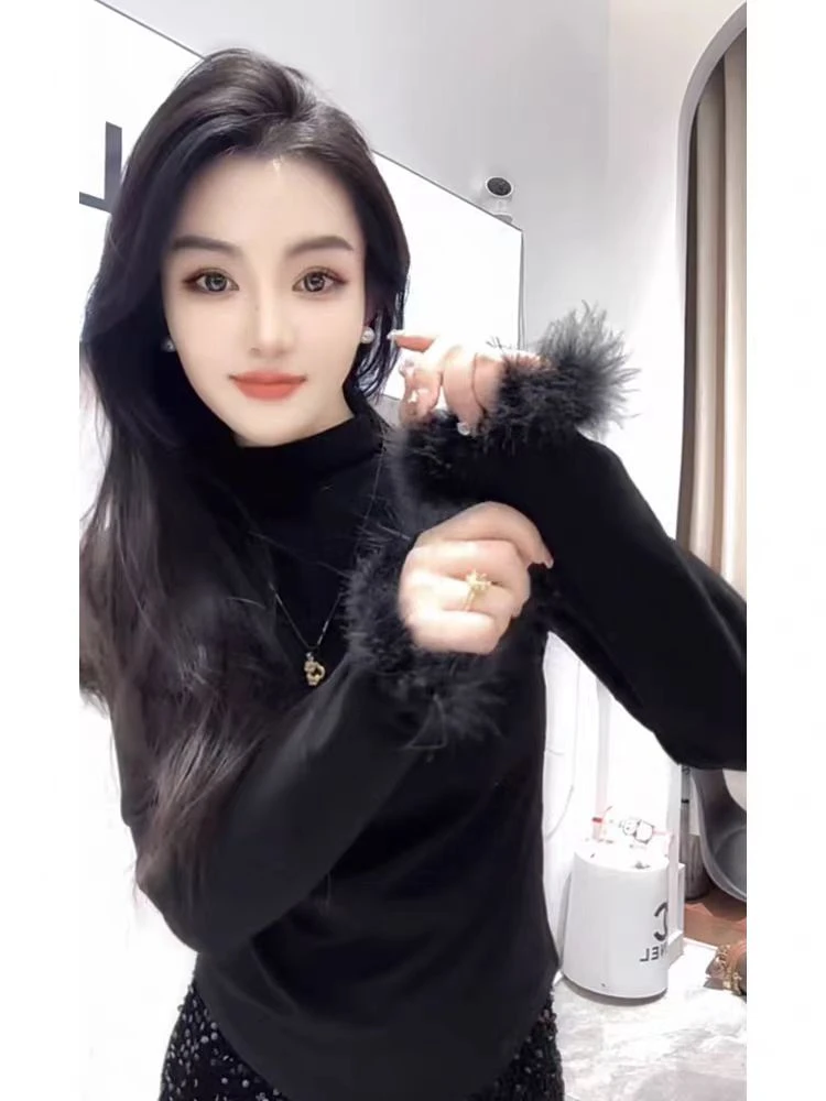 6981#洋气设计感毛绒长袖打底衫秋冬半高领修身显瘦内搭T恤（约50）