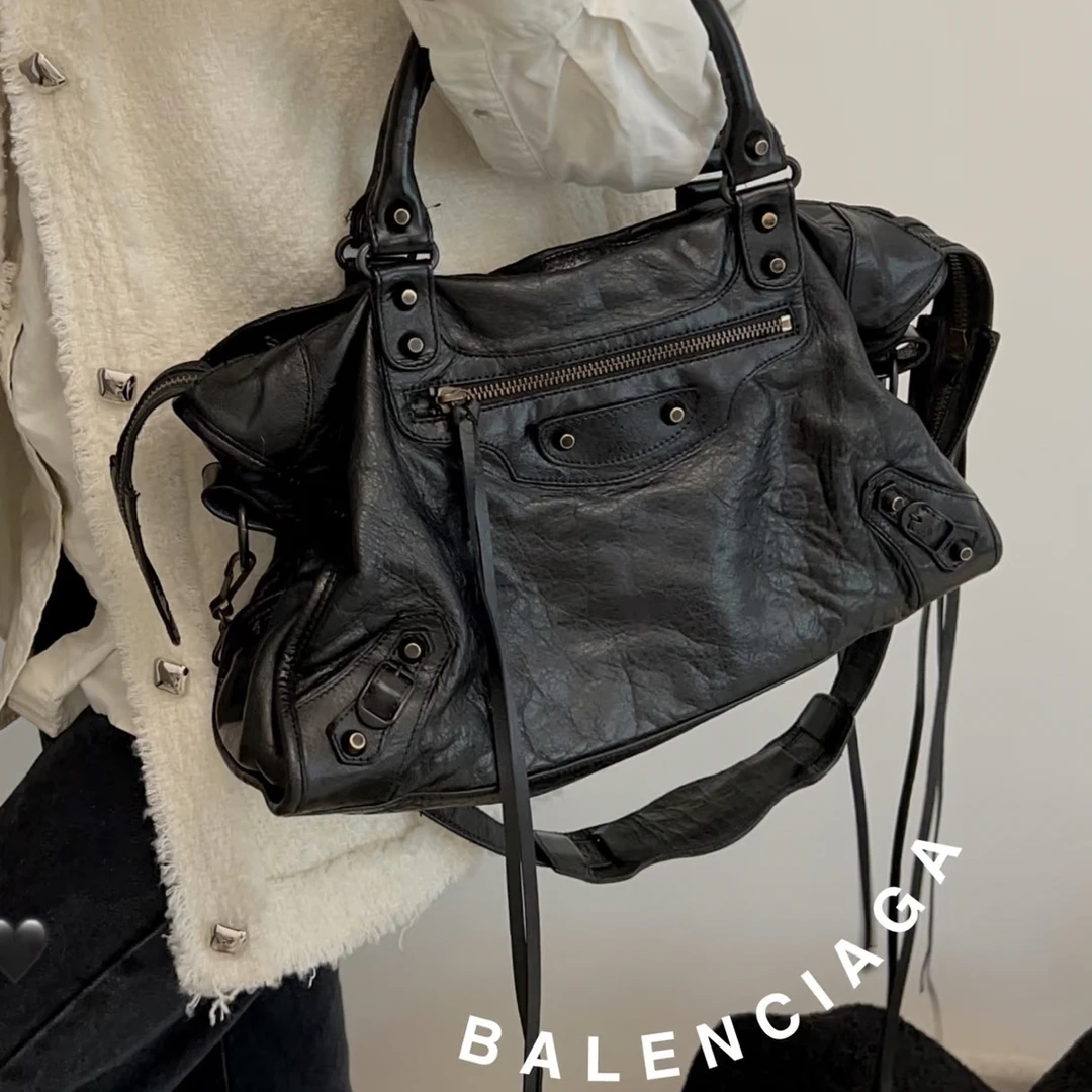 99新 Balenciaga/巴黎世家 经典黑色38复古机车手提单肩包/55001