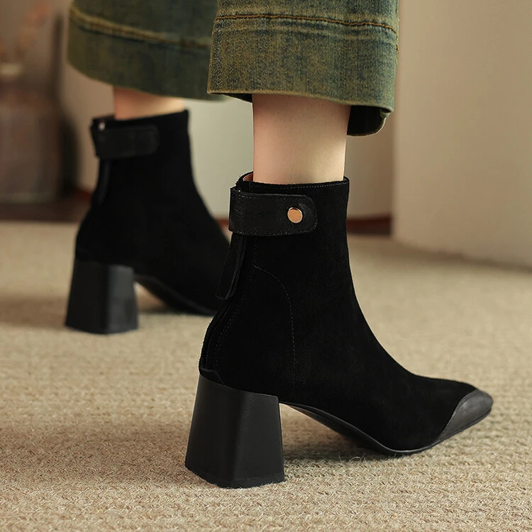 时尚拼接粗跟高跟方头短靴女真皮2025秋冬新款黑色通勤百搭瘦瘦靴