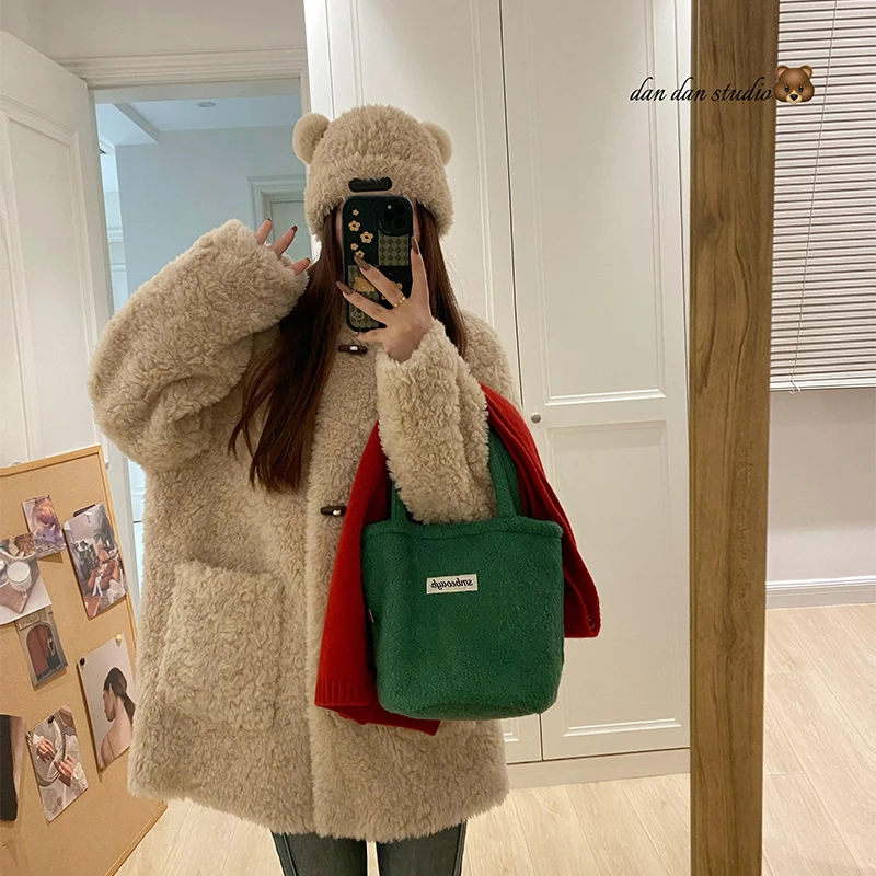 韩系牛角 仿羊羔毛皮毛一体宽松慵懒立领中长款女冬毛毛外套