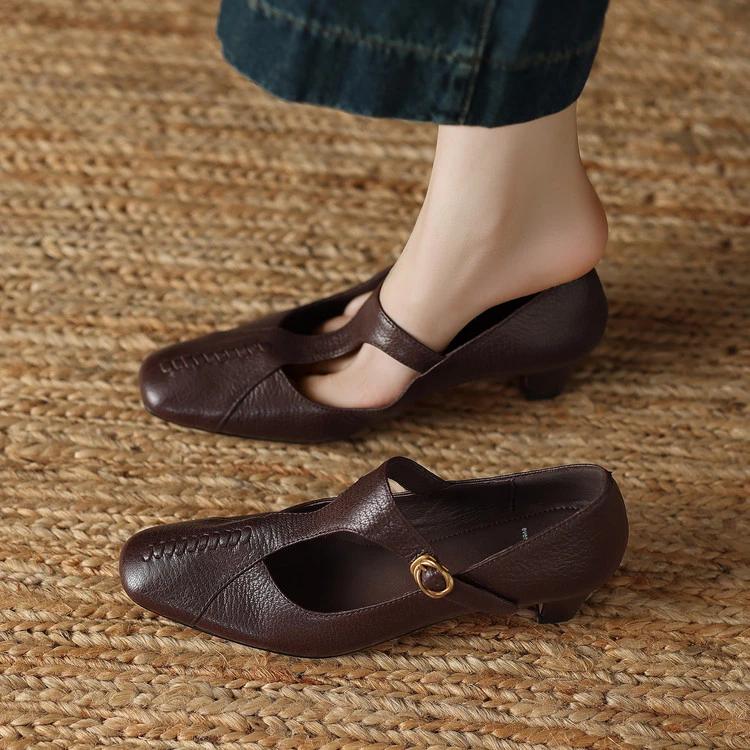 头层羊皮4cm～方头复古中跟舒适百搭玛丽珍女浅口单鞋新款春秋粗跟