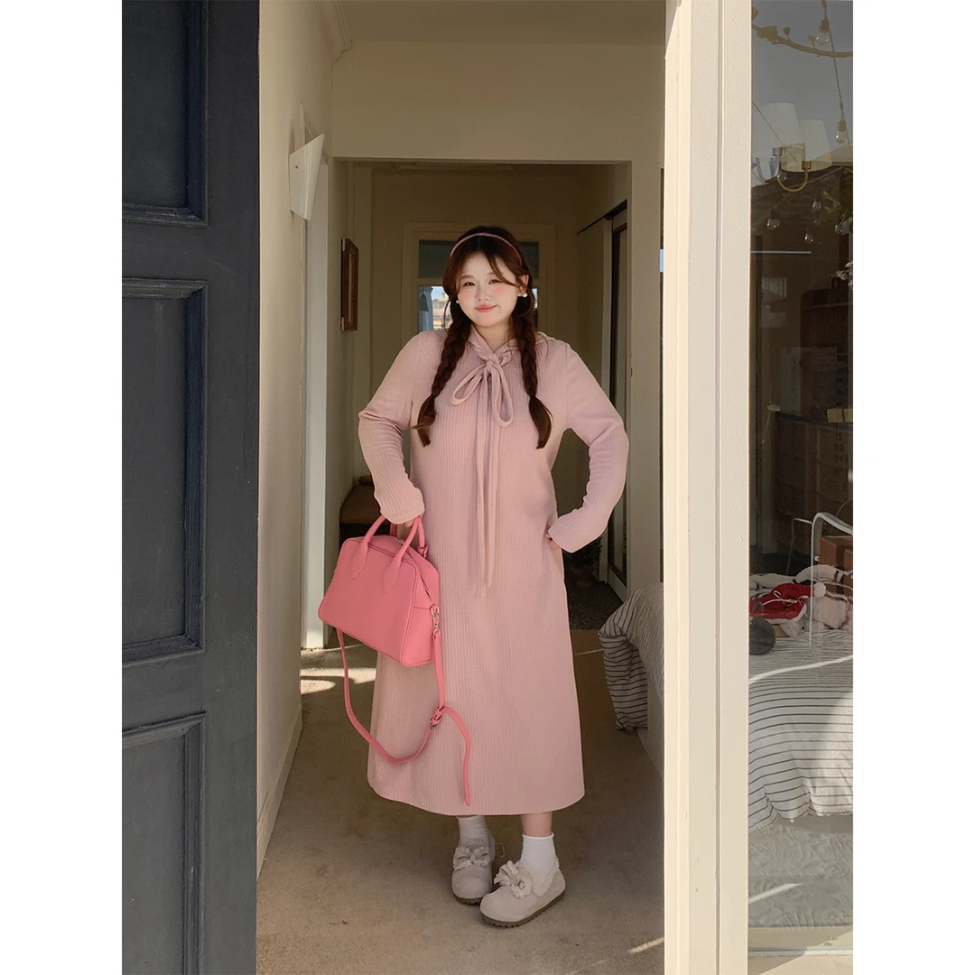 133徐达布【草莓奶芙】大码粉色长袖连衣裙秋冬针织长裙L28333C44