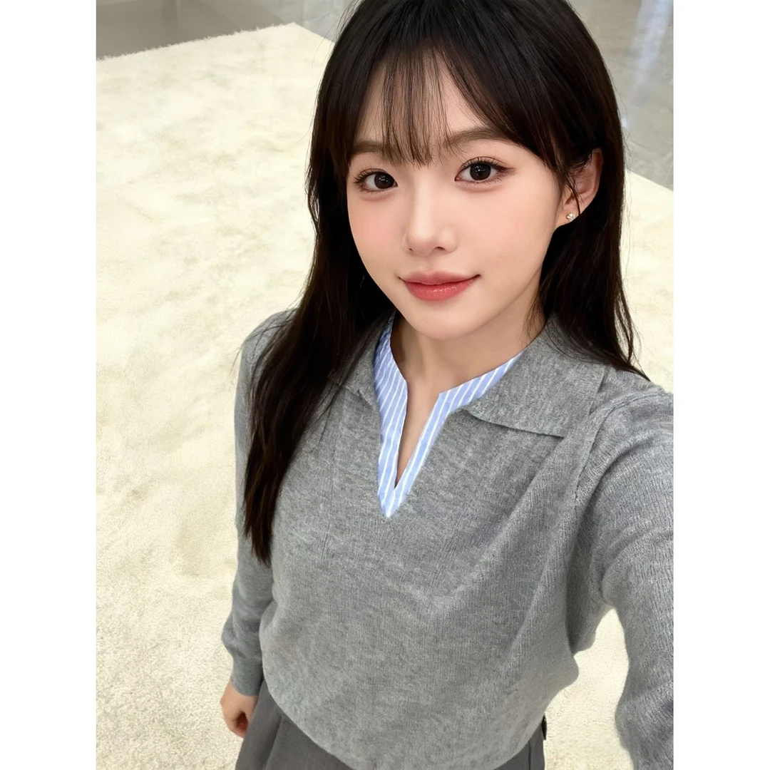 韩系针织衫假两件上衣学院风减龄文艺气质衬衫拼接设计感V领上衣