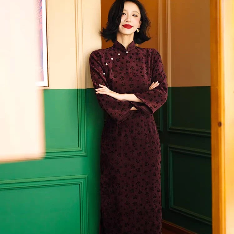 （芳华）长度120七分袖单层旗袍秋款少女领证敬酒春秋气质长袖