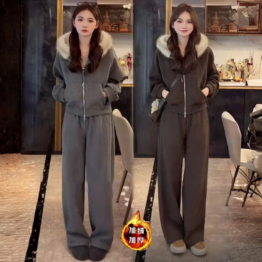 拉夏贝尔加绒时尚套装女2025冬新款毛领连帽开衫卫衣阔腿裤两件套