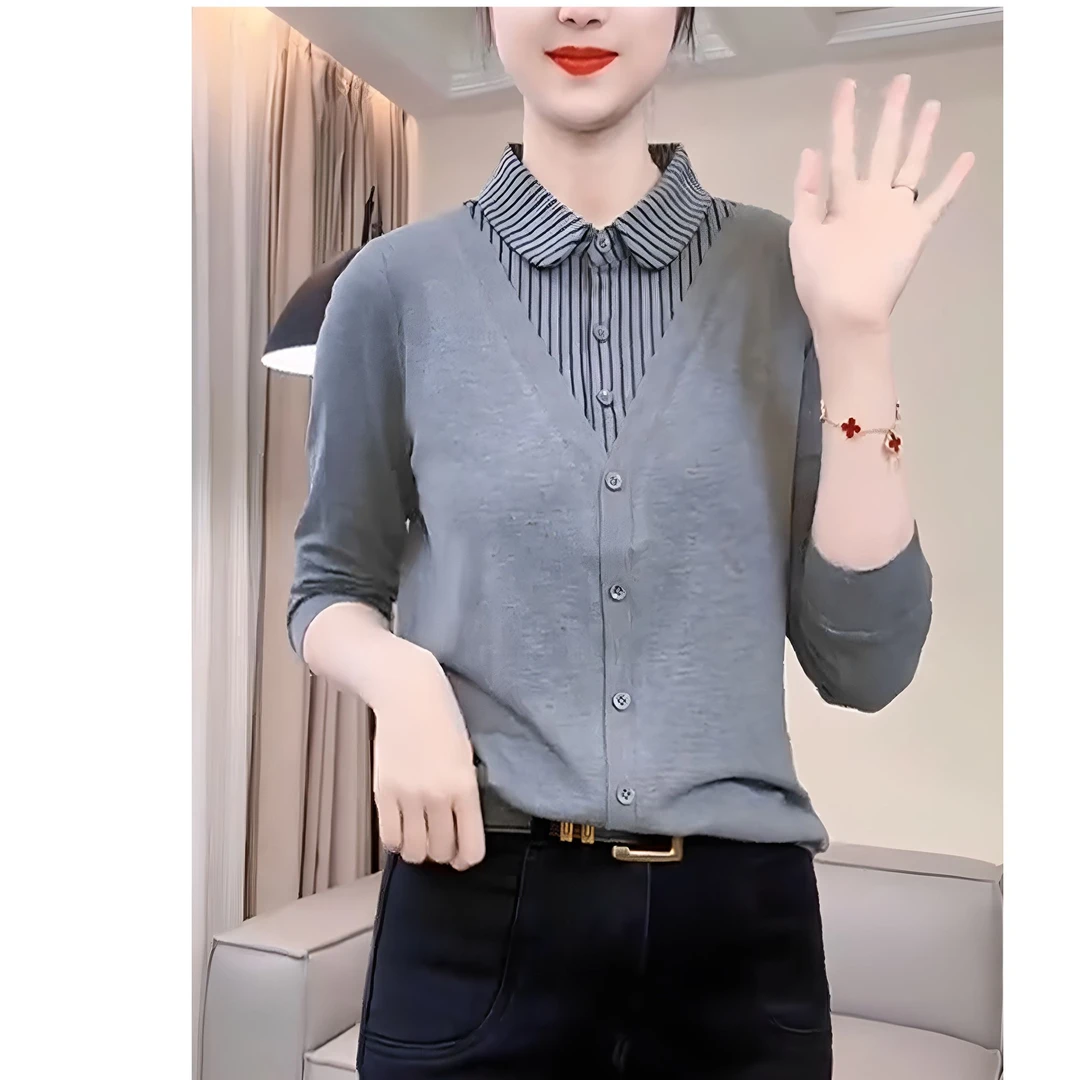 假两件拼接条纹衬衫女2025春秋新款时尚百搭显瘦长袖针织打底衫潮