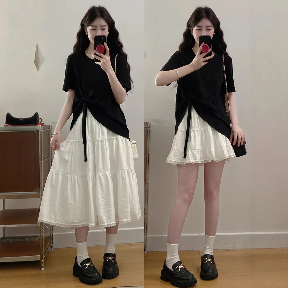 大码胖mm夏季新款设计感温柔风花边裙+蝴蝶结宽松T恤两件套