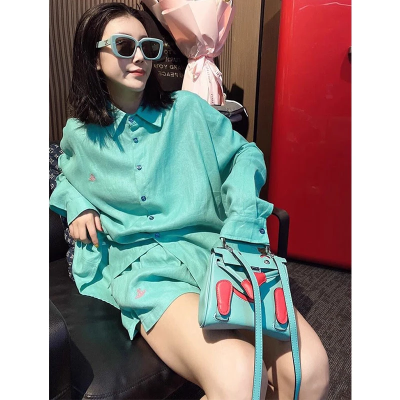 欧洲站2025夏季新款洋气宽松翻领中长款衬衫百搭休闲纯色短裤套装