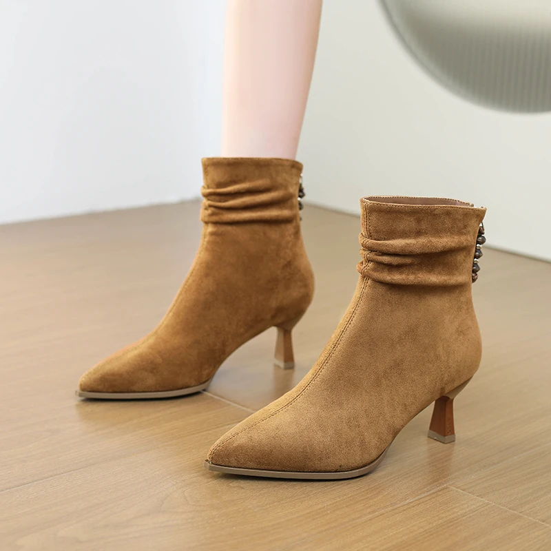 尖头高跟短靴女2025年秋冬新款褶皱堆堆靴气质细跟百搭瘦瘦靴