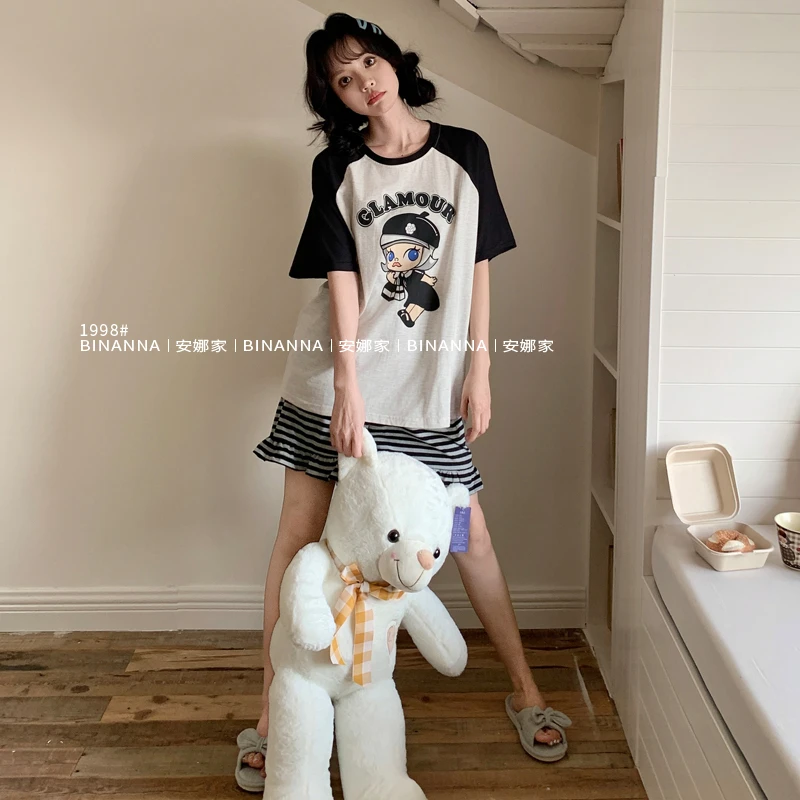 睡衣女款2025新款夏季短袖可外穿针织薄款短裤两件套装夏款家居服