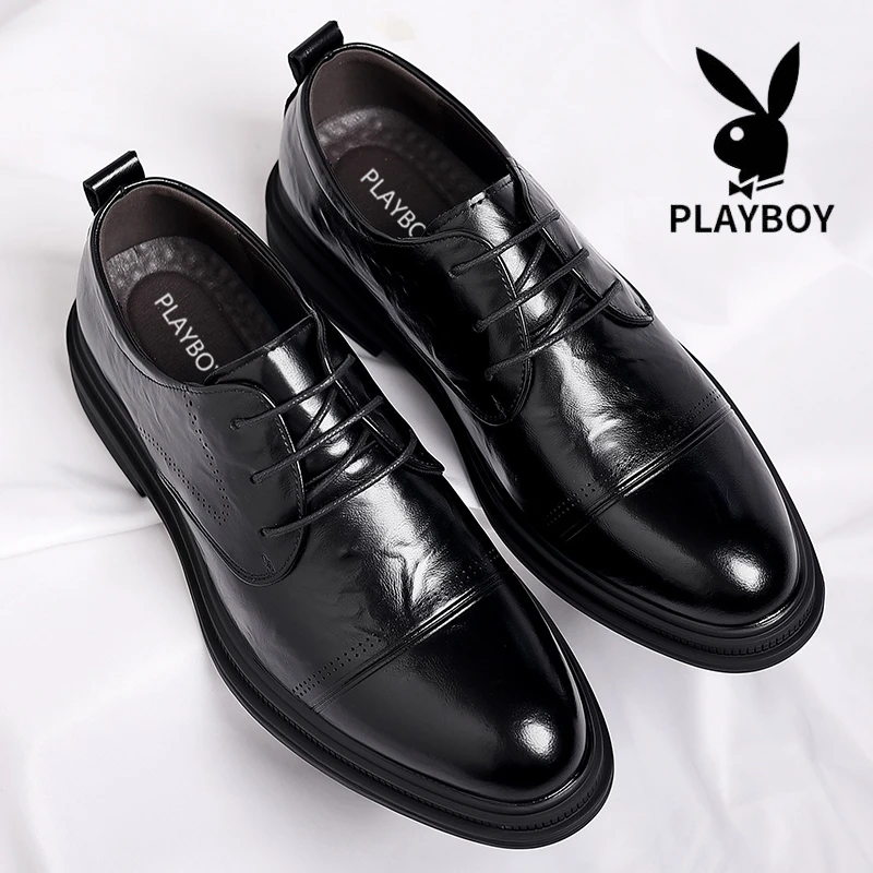花花公子男鞋新款加绒真皮内增高休闲商务皮鞋男士正装结婚新郎鞋