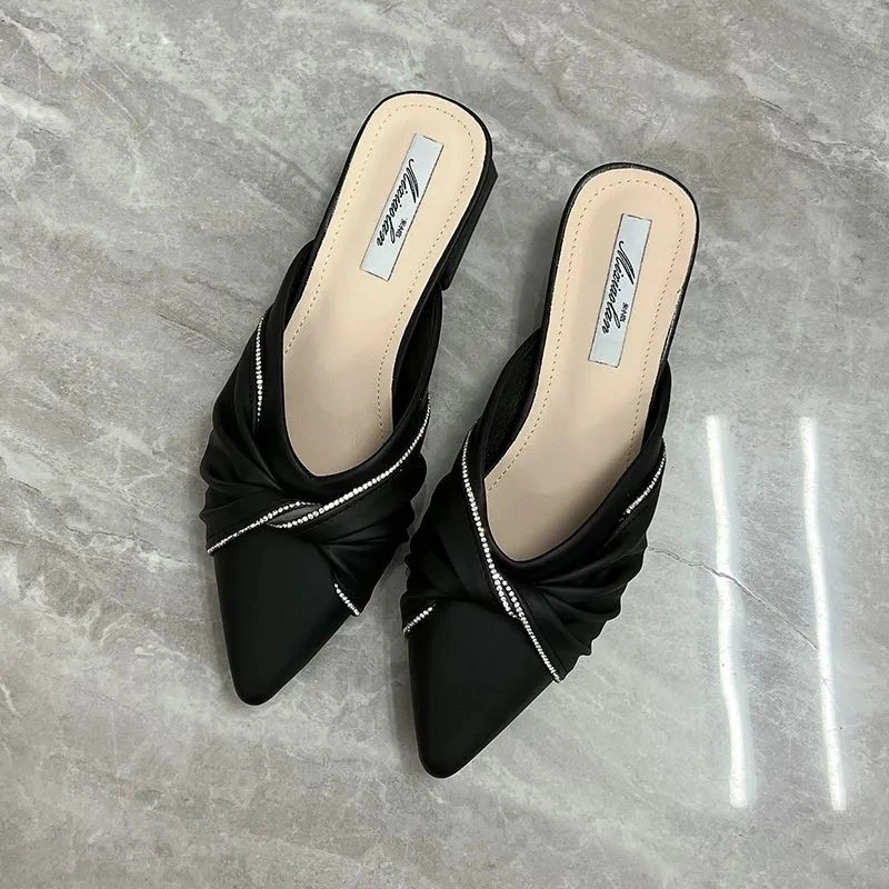 尖头半拖鞋女夏外穿2024新款夏季鞋子包头粗跟穆勒凉拖鞋半托单鞋