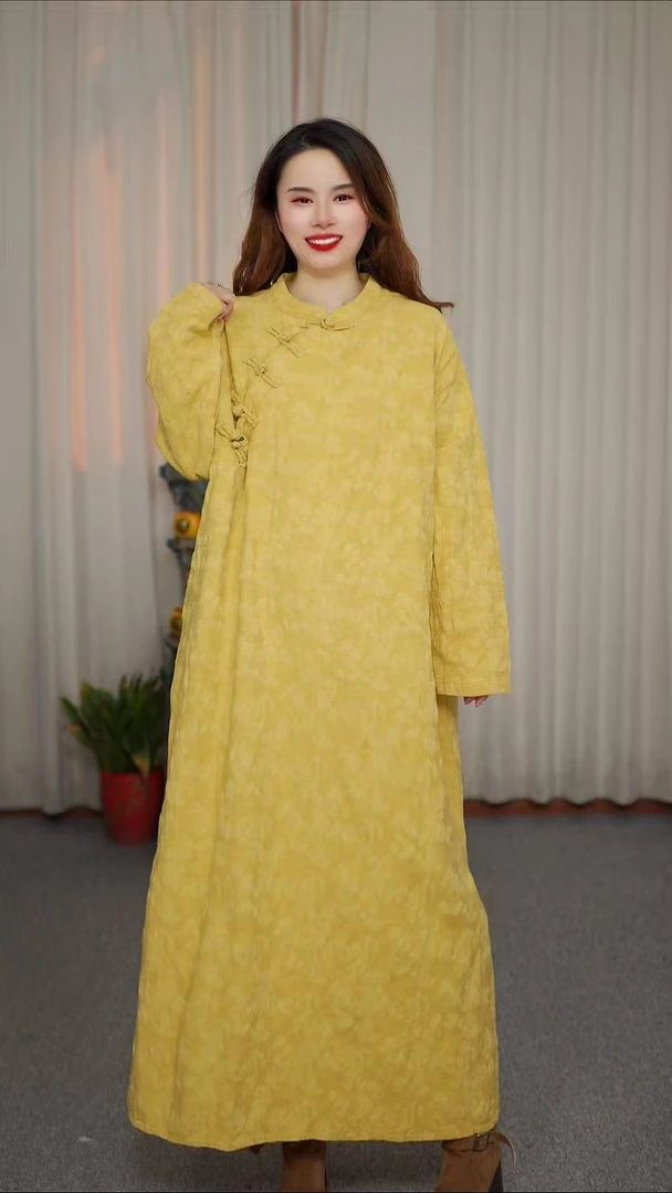 花璟麻社原创设计款斜襟提花连衣袍裙（裙长117胸围130)