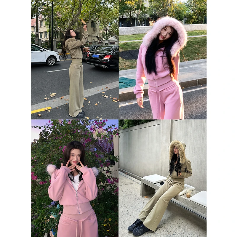 六指导 松弛漫旅 毛领连帽外套女新款加绒保暖显瘦直筒休闲裤套装