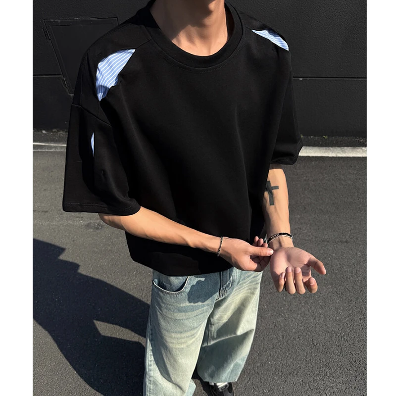 美式拼接解构短袖男款夏季hiphop潮牌重磅t恤cleanfit情侣五分袖