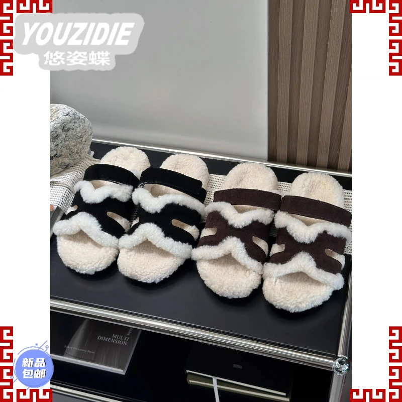 YOUZIDIE秋冬魔术贴加绒时尚二舅拖鞋女鞋2025新款透气休闲厚底