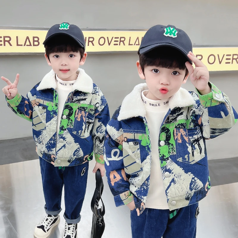 男童牛仔加绒外套儿童秋冬款洋气上衣服宝宝时髦帅气休闲春秋款潮
