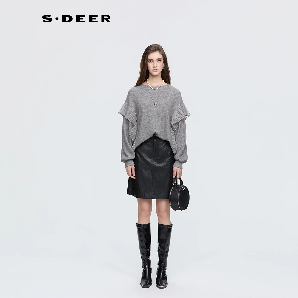 S·DEER圣迪奥女装2025年新款荷叶边不规则宽松针织衫S254Z2202
