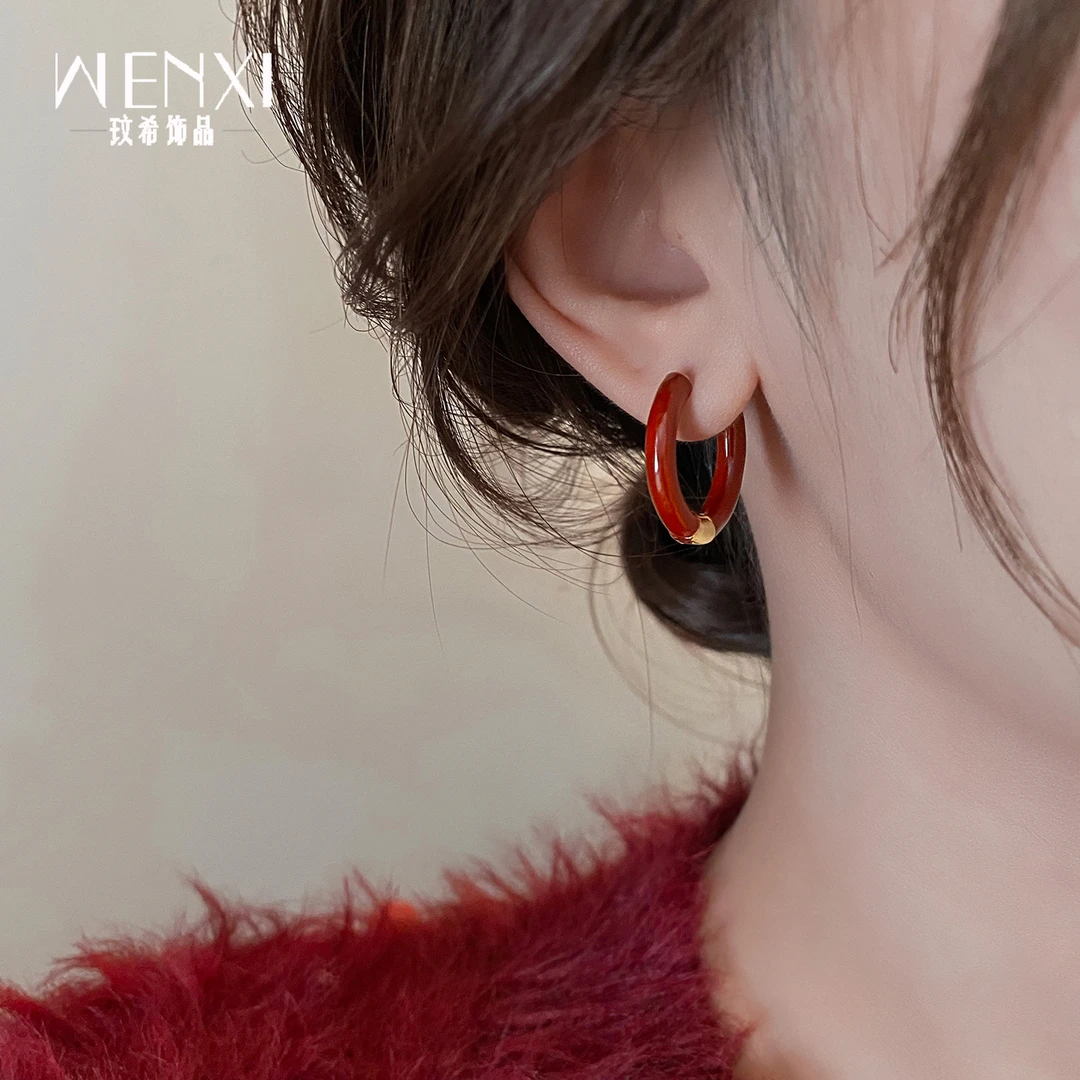 铜合金珐琅耳饰 酒红色耳环圈圈高级感耳扣2025新款爆款女人味