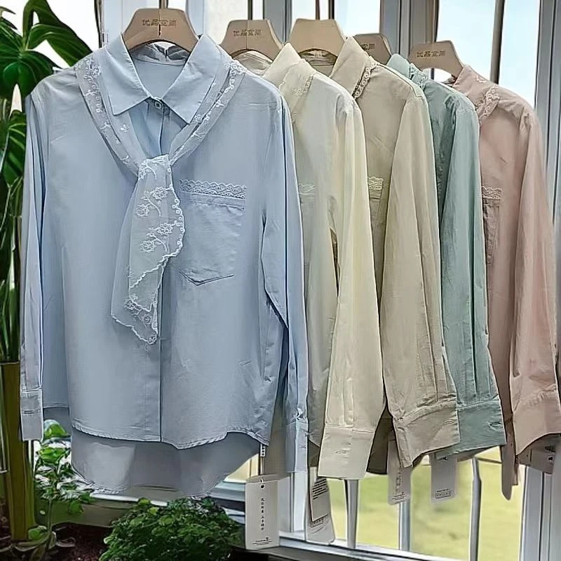 2025春款新款设计感轻熟风时尚百搭衬衫蕾丝围巾两件