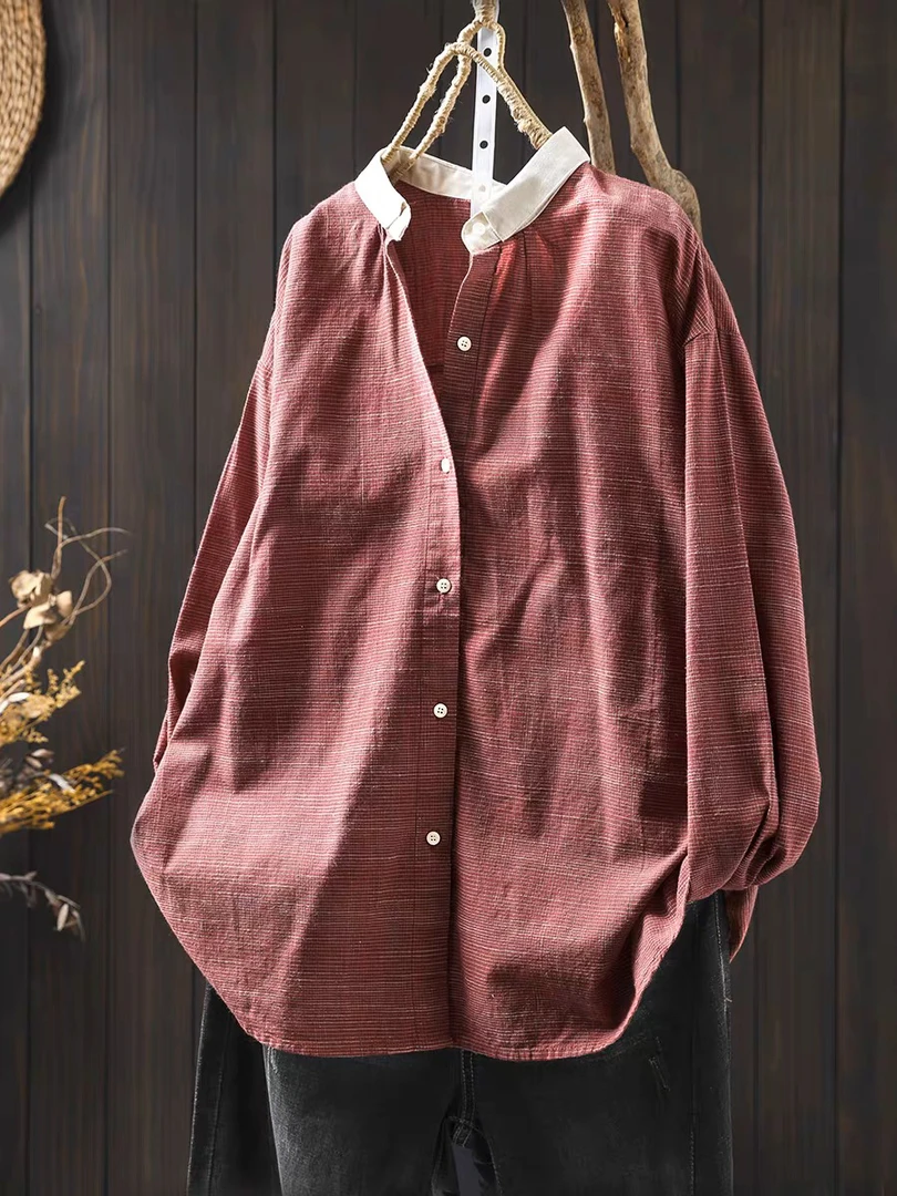 纯棉红色格子衬衫女长袖宽松2025年春季新款撞色领子复古衬衣上衣