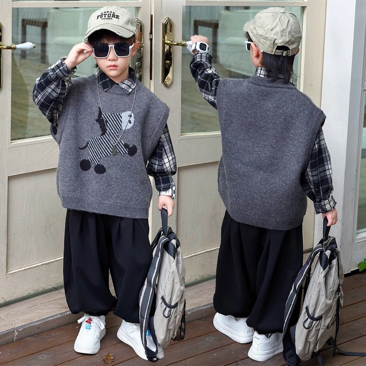 男童秋季套装痞帅儿童毛衣马甲2025新款小男孩秋装衬衫裤子三件套