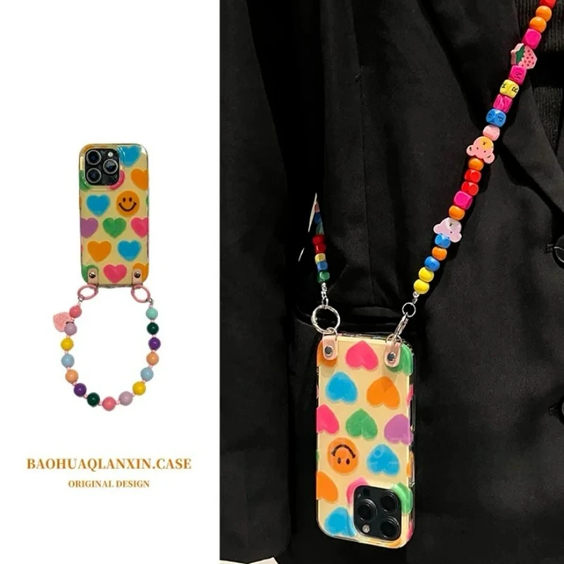 爱心彩色笑脸适用苹果16promax手机壳phone15手提绳1141312防摔女