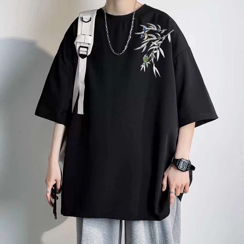 日系修身型韩版夏季美式双纱纯棉T恤男装半袖印花男士t恤短袖