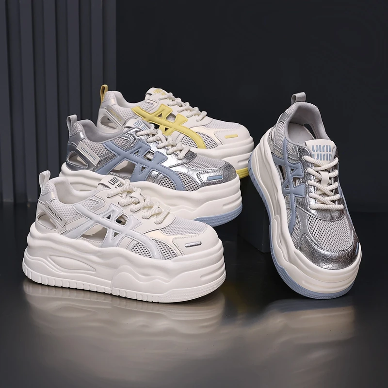 万达撤柜头层牛皮2025秋镂空厚底网面小白鞋女透气7cm软底松糕鞋.