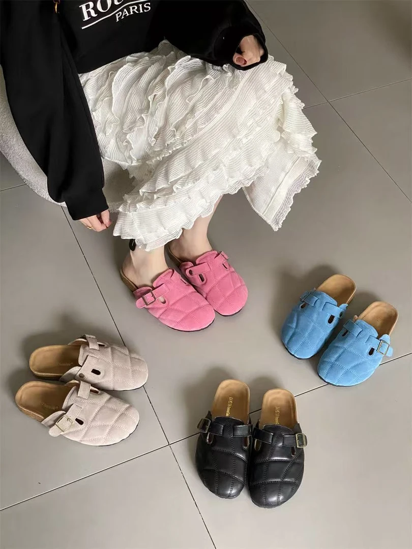 993-18 复古菱形格包头新款韩系包头半托圆头半拖平底厚底拖鞋女