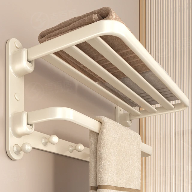 吉百居奶油风毛巾架浴室置物架卫生间浴室太空铝可折叠浴巾架厕所