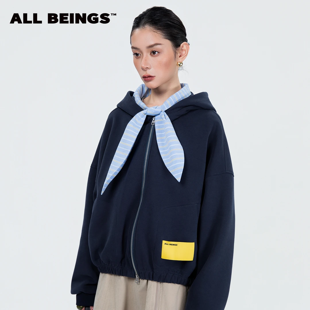 ALL BEINGS25年秋冬设计师新款落肩百搭衬衫领围巾拼接拉链卫衣