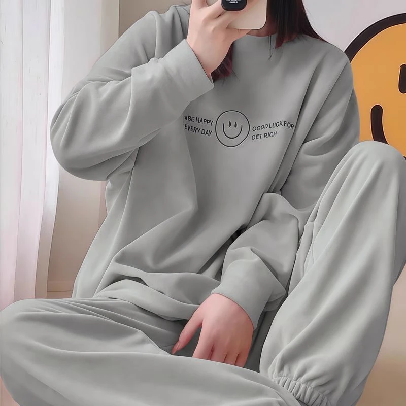 大码胖MM长袖冬季成人保暖不起球圆领睡衣时尚运动舒适套装家居服