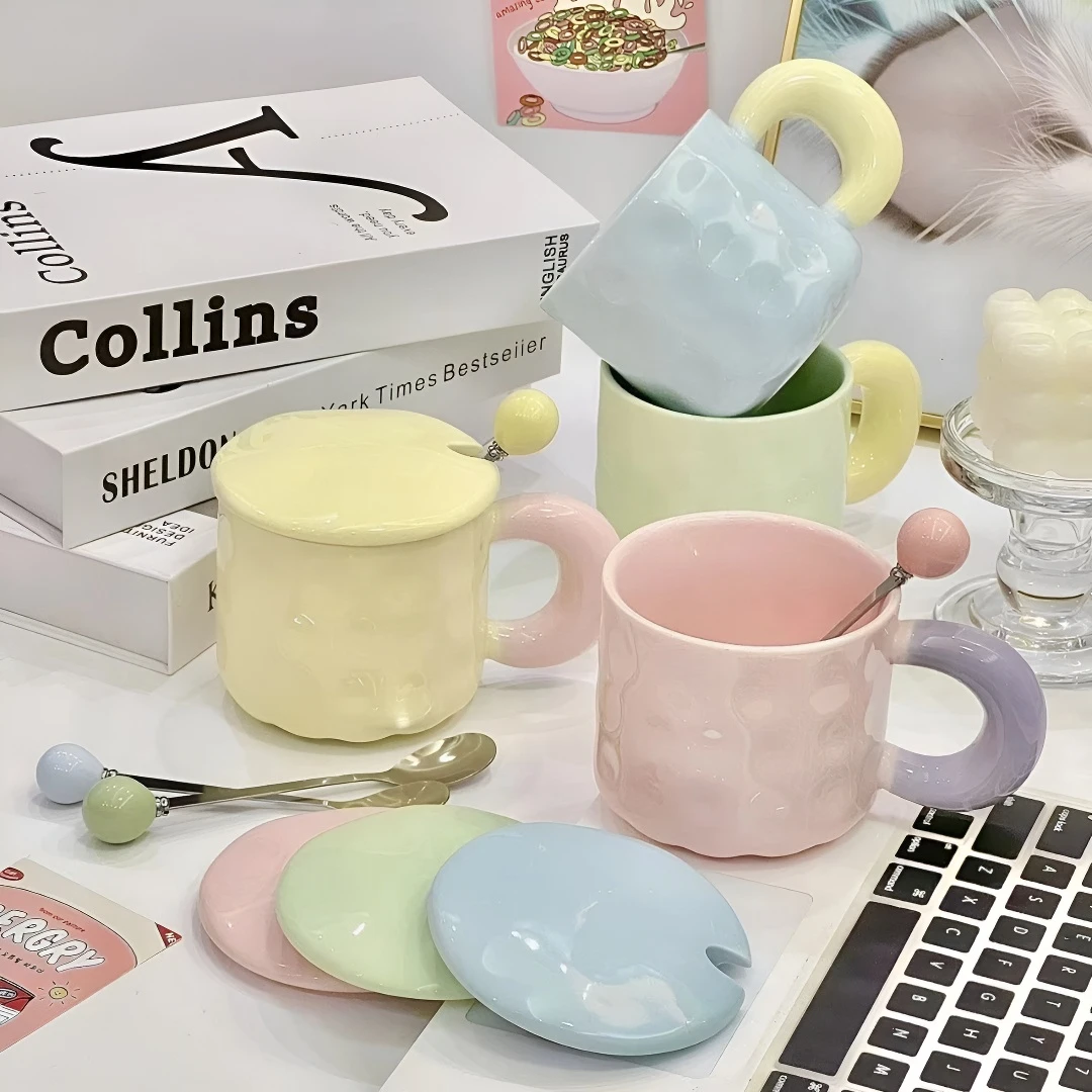 奶油风高颜值马克杯女生日礼物带盖勺子大容量办公室新款陶瓷水杯