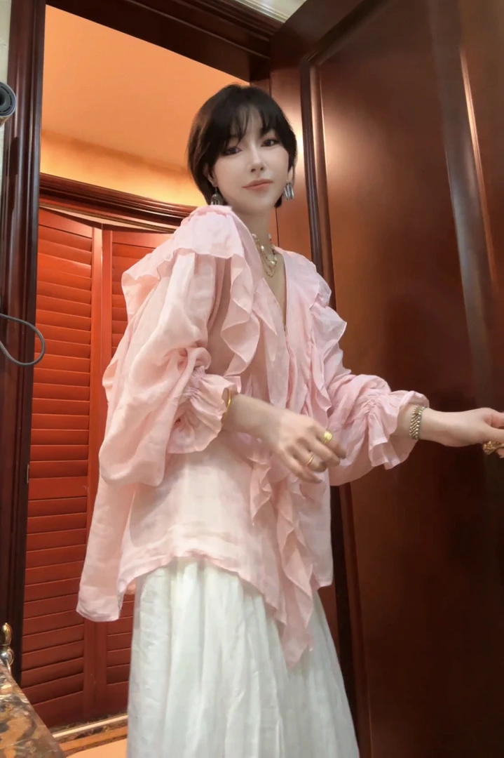 WANGDOUDOU复愫街 温柔韩版木耳边苎麻衬衫