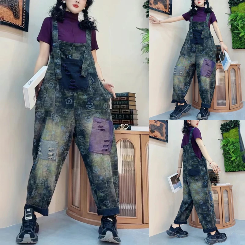 新款复古印花牛仔背带裤女宽松长裤个性贴布显瘦吊裆垮裤潮