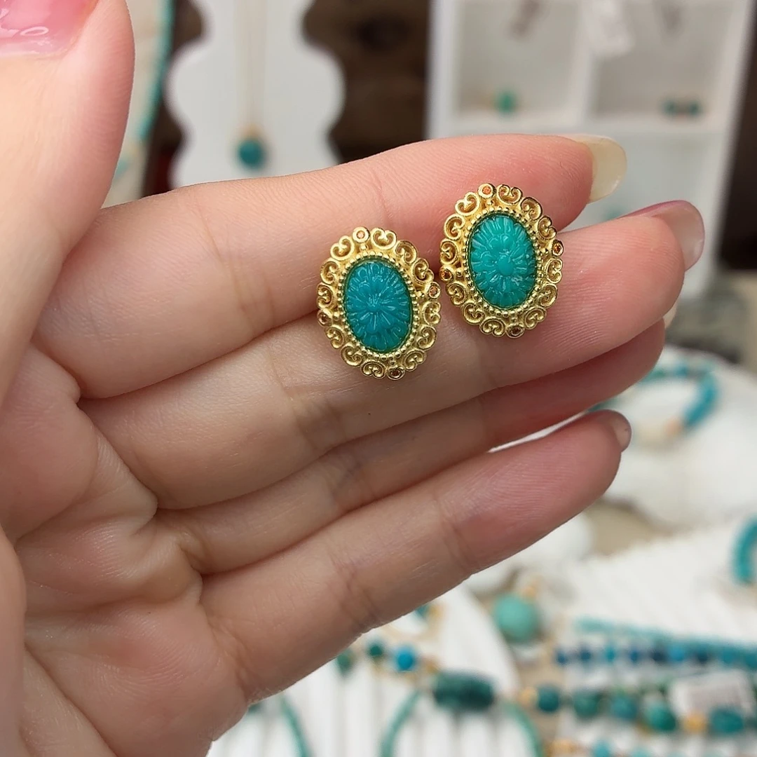 银S925镀金镶嵌绿松石耳饰