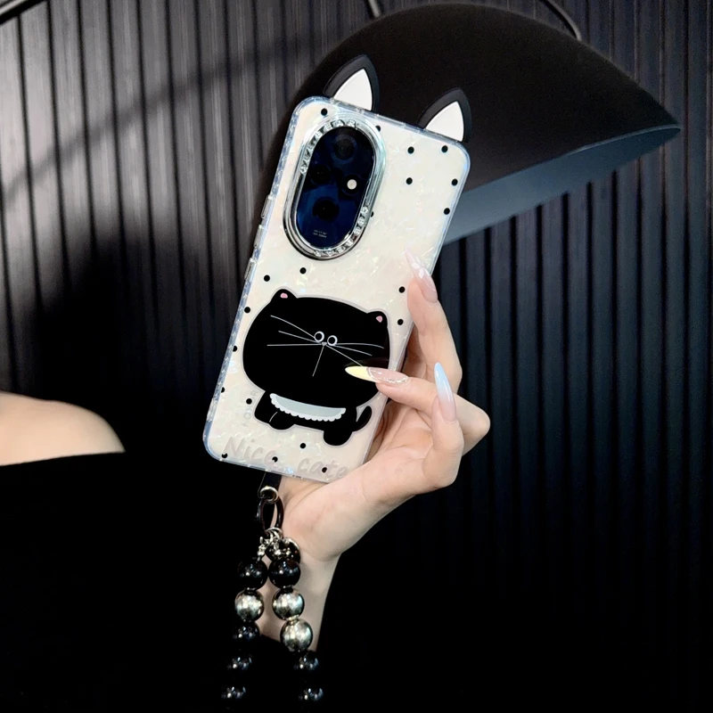 适用荣耀200手机壳新款ry200pro套honor可爱波点黑猫耳朵手链女款