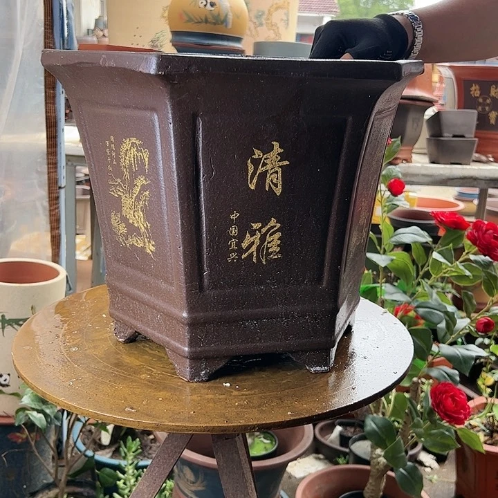 宜兴紫砂花盆花盆40粽清雅双线六方