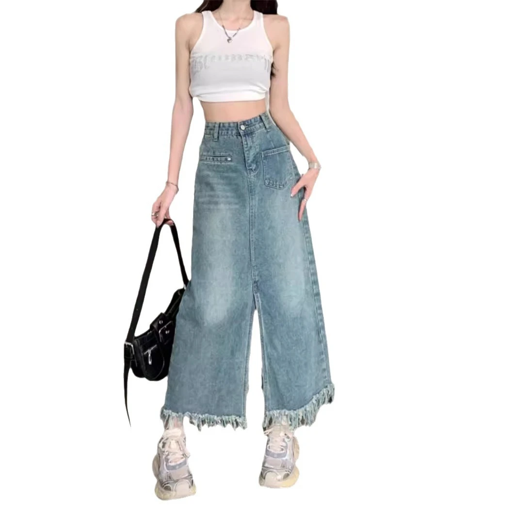 裙子毛边夏季半身裙复古半裙中长高腰a字小个子牛仔显瘦开叉女装