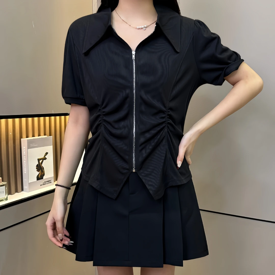 胖MM涅槃 D25007夏季新款设计感Polo领拉链港风半袖上衣短袖t恤女