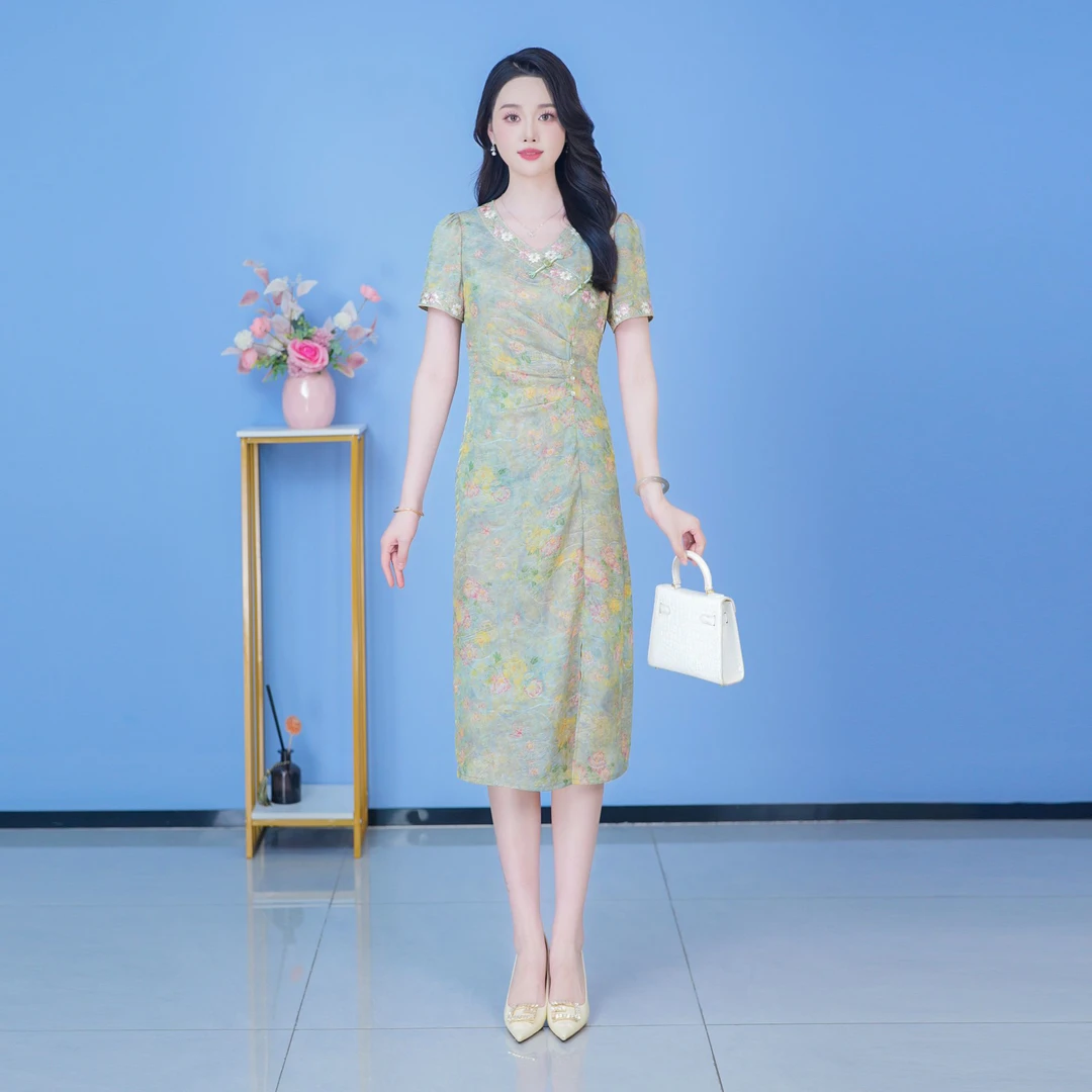 【SJYH2072】2025年夏季新款连衣裙中长款气质收腰印花修身女装
