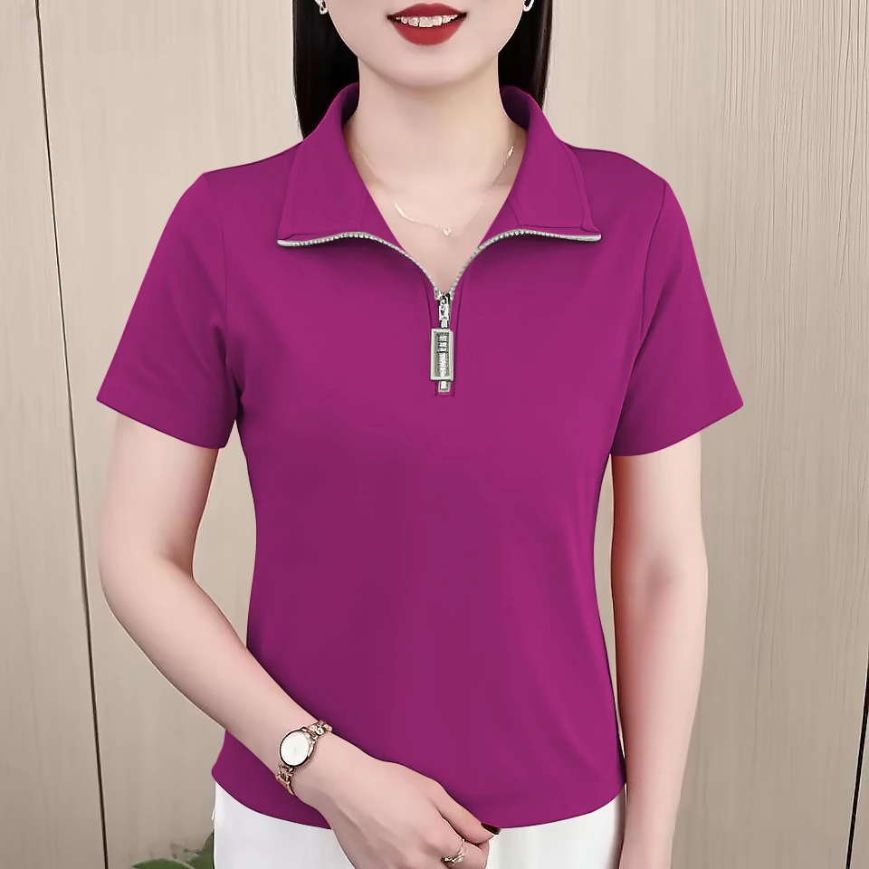 纯棉时尚气质半拉链短袖t恤女2025年夏季新款宽松显瘦立领上衣潮