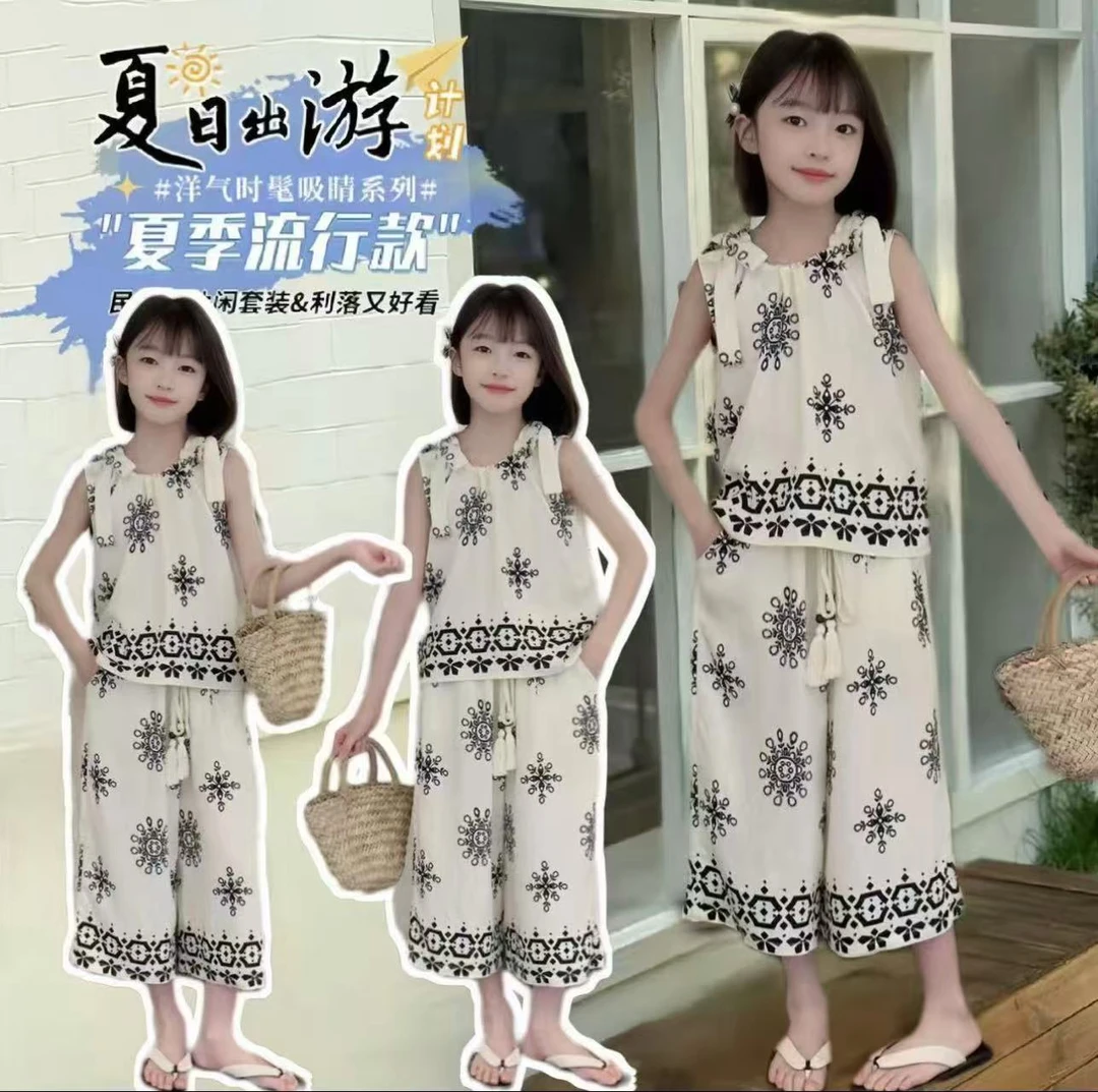 女童2025夏季新款民族风提花工艺清凉度假风套装