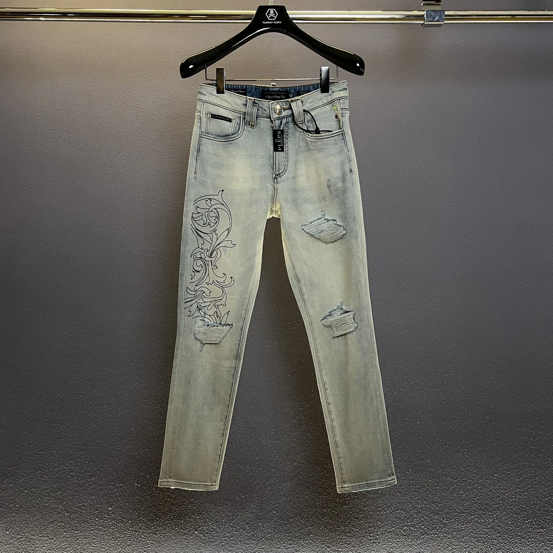 PLIPHPP PLEPN印花镶钻假破洞弹力修身男牛仔裤子9943