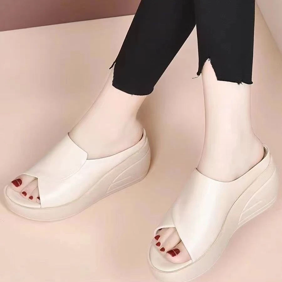 1029松糕厚底软皮凉鞋女士夏季新款坡跟拖鞋增高软底鱼嘴外穿